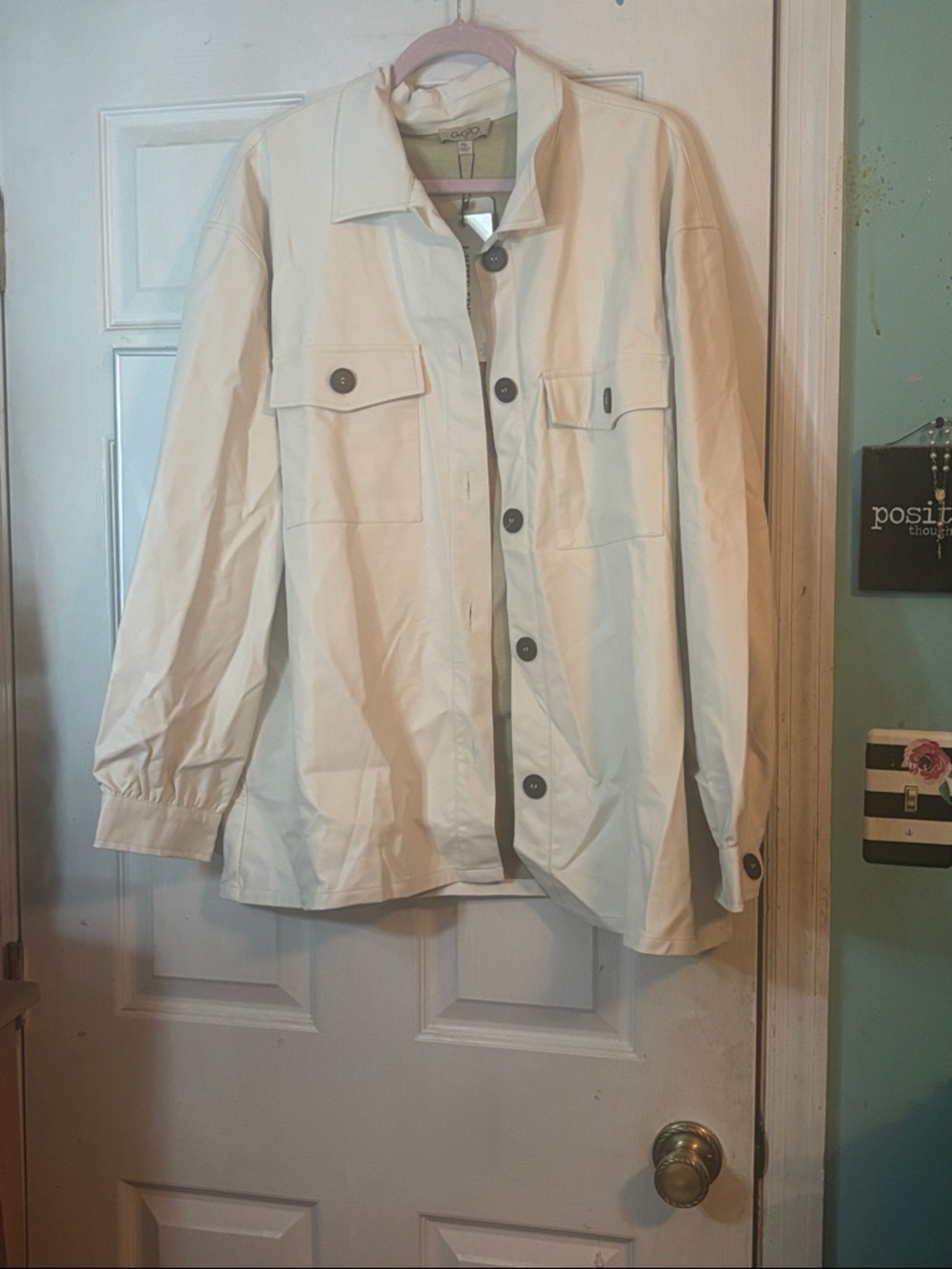Classic Cream Utility Jacket with Button Front Size1X